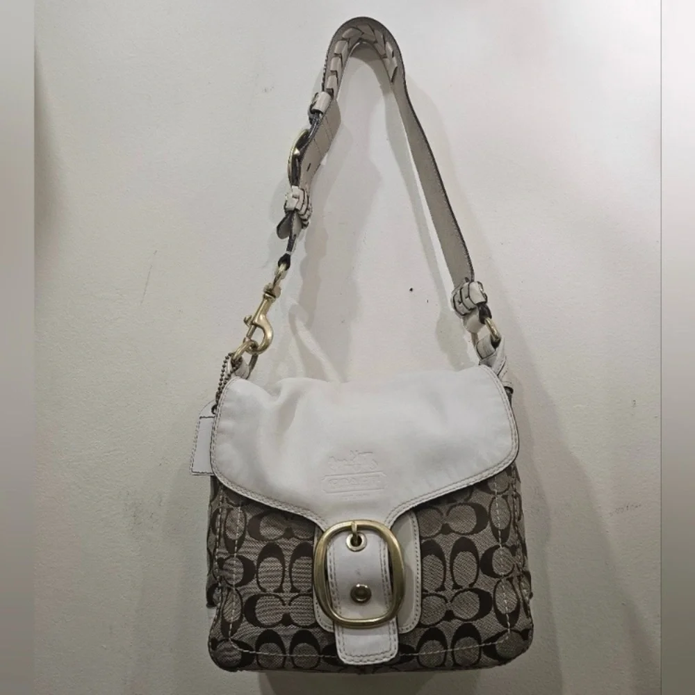 Coach Bleecker Khaki/Chalk Signature Flap Hobo GUC